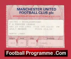 Manchester United v Middlesbrough 1993 Ticket – Champions Season