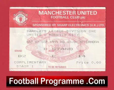 Manchester United v Norwich City 1991 - Football Ticket - Image 2