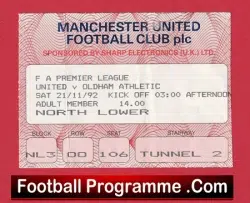 Manchester United v Oldham Athletic 1992 – Match Ticket