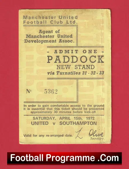 Manchester United v Southampton 1972 - Paddock Ticket Man Utd - Image 2