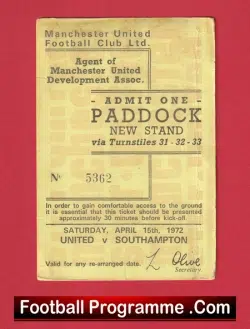 Manchester United v Southampton 1972 – Paddock Ticket Man Utd