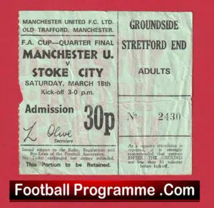 Manchester United v Stoke City 1972 – Ticket FAC Quarter Final