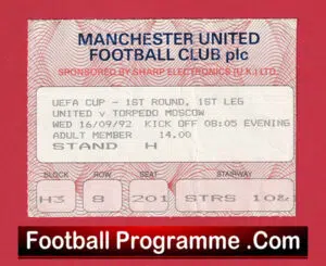 Manchester United v Torpedo Moscow 1992 – Match Ticket