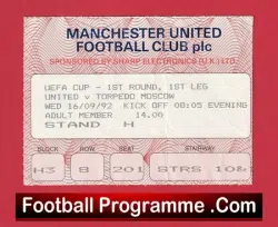 Manchester United v Torpedo Moscow 1992 – Match Ticket