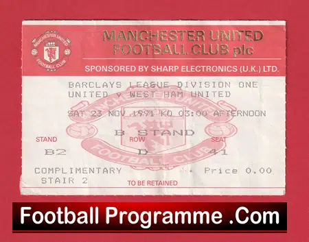 Manchester United v West Ham United 1991 - Match Ticket - Image 2