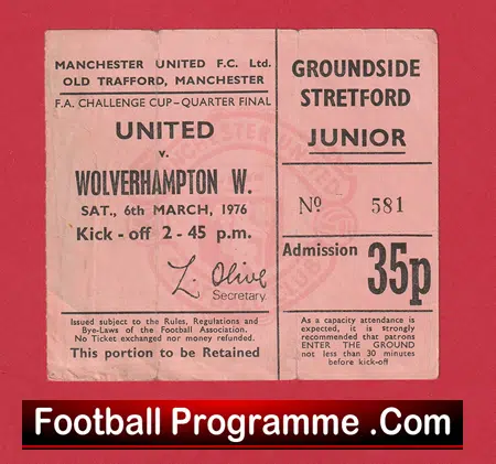 Manchester United v Wolves 1976 - Man Utd Ticket - Image 2