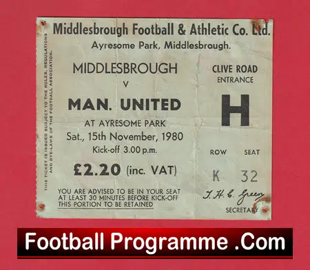 Middlesbrough v Manchester United 1980 - 1980s Match Ticket - Image 2
