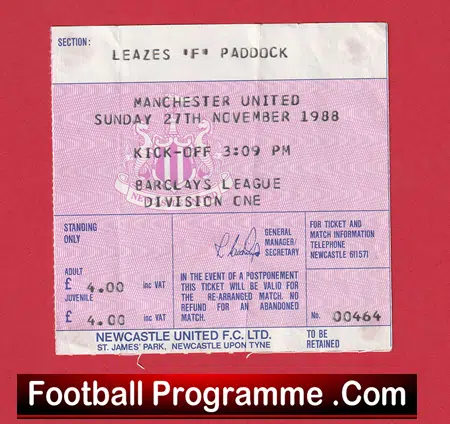 Newcastle United v Manchester United 1988 - Match Ticket - Image 2