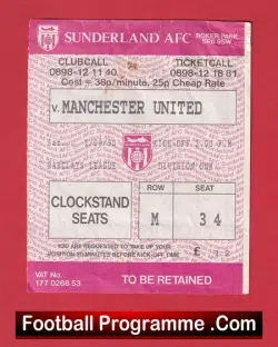 Sunderland v Manchester United 1990 – Football Ticket