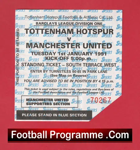 Tottenham Hotspur v Manchester United 1991 - Football Match Ticket - Image 2