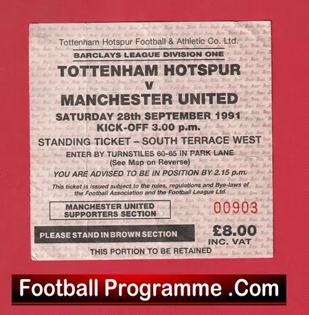 Tottenham Hotspur v Manchester United 1991 - Match Ticket - Image 2