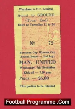 Wrexham v Manchester United 1990 – ECWC Match Ticket
