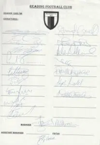 Reading Football Club Multi Signed Autographed Team Sheet 1995 – 1996
