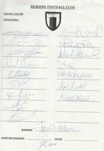 Reading Football Club Multi Signed Autographed Team Sheet 1995 – 1996