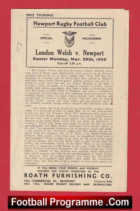 Newport Rugby v London Welsh 1948 - Rugby 1940's Programme - Image 2