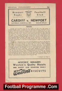 Newport Rugby v Cardiff 1952 – Rugby 1950’s Programme