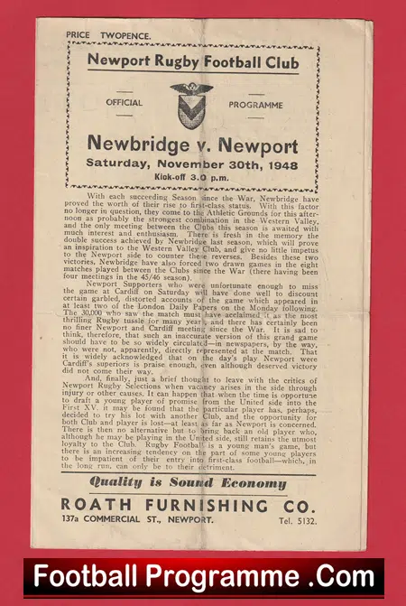 Newport Rugby v Newbridge1948 - Rugby 1940s Programmes - Image 2