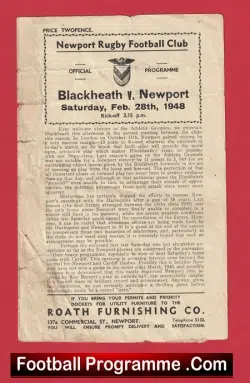 Newport Rugby v Blackheath 1948 - Rugby 40s Programmes