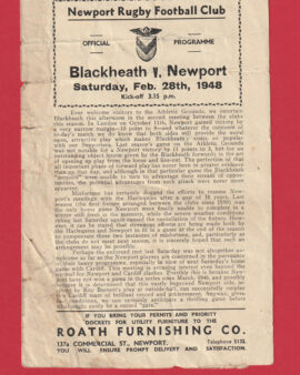 Newport Rugby v Blackheath 1948 – Rugby 40s Programmes