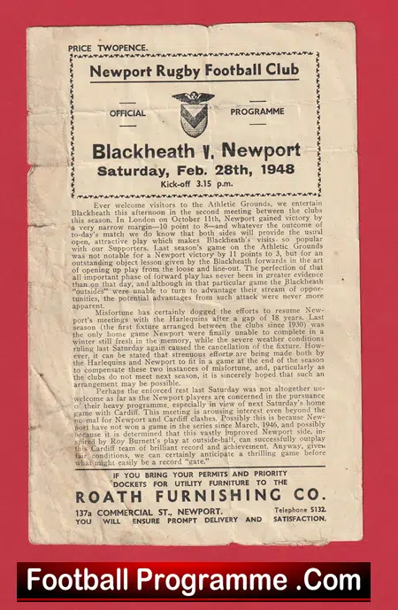 Newport Rugby v Blackheath 1948 - Rugby 40s Programmes - Image 2