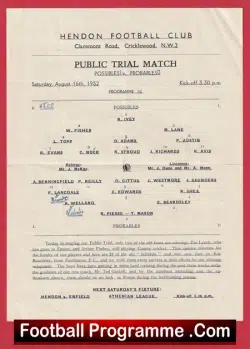 Hendon Probables v Hendon Possibles 1952 - Public Trials Match