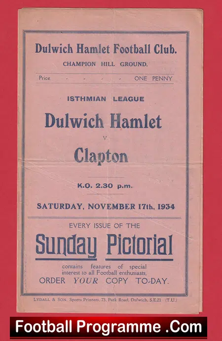 Dulwich Hamlet v Clapton 1934 - 1930's Football Programmes - Image 2