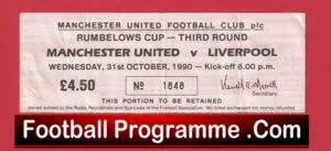 Manchester United v Liverpool 1991 – League Cup Football Ticket