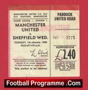Manchester United v Sheffield Wednesday 1985 – Match Ticket