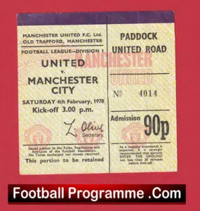 Manchester United v Manchester City 1978 – 1970s Match Ticket