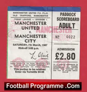 Manchester United v Manchester City 1987 – Man Utd Match Ticket