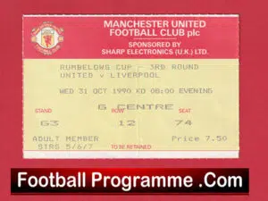 Manchester United v Liverpool 1990 – League Cup Match Ticket