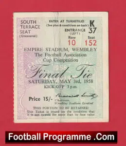 Manchester United v Bolton Wanderers 1958 – FA Cup Final Wembley Ticket