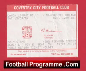 Coventry City v Manchester United 1984 – Football Ticket