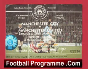 Manchester City v Manchester United 1993 – Match Ticket Signed Paul Parker