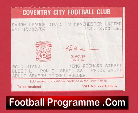 Coventry City v Manchester United 1984 - Football Ticket - Image 2