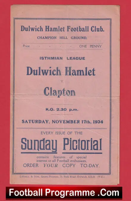 Dulwich Hamlet v Clapton 1934 – 1930’s Football Programmes