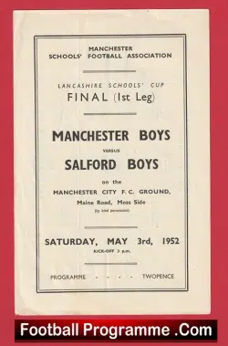 Manchester Boys v Salford Boys 1952 – at Man City Colman + Taylor Babes