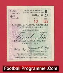 Manchester United v Bolton Wanderers 1958 – FA Cup Final Wembley Ticket