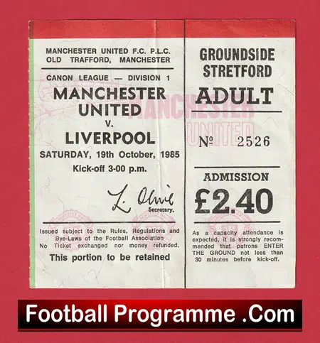 Manchester United v Liverpool 1985 - Match Ticket - Image 2