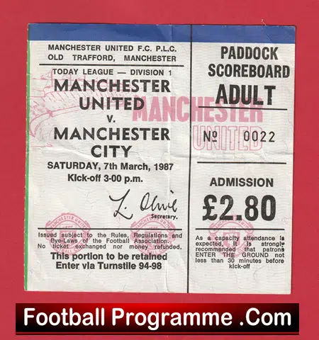 Manchester United v Manchester City 1987 - Man Utd Match Ticket - Image 2