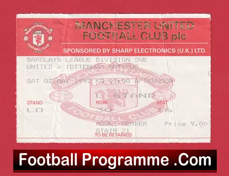 Manchester United v Tottenham 1992 - Match Ticket - Image 2
