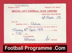 Match Official Card Notification Bristol City v Chelsea 1979