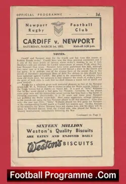 Newport Rugby v Cardiff 1952 – Rugby 1950’s Programme