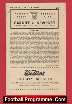 Newport Rugby v Cardiff 1953 – Rugby 1950s Programme
