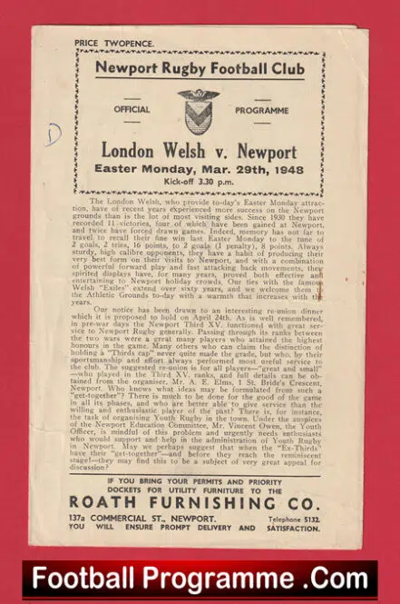 Newport Rugby v London Welsh 1948 – Rugby 1940’s Programme