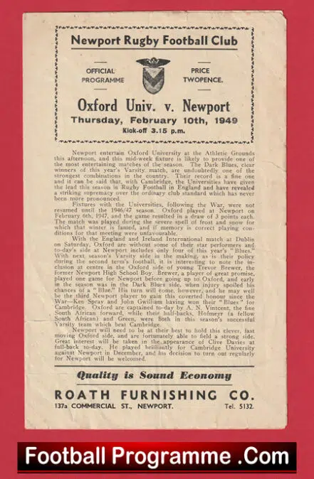 Newport Rugby v Oxford University 1949 – Rugby 1940s Programmes