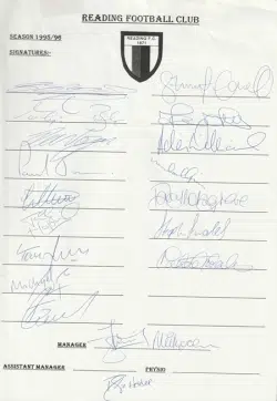 Reading Football Club Multi Signed Autographed Team Sheet 1995 – 1996