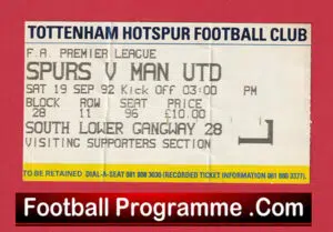 Tottenham Hotspur v Manchester United 1992 – Ticket v Man Utd