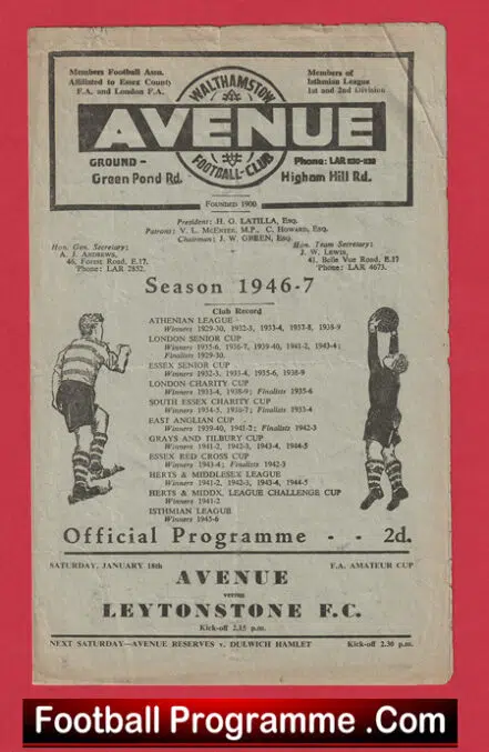 Walthamstow Avenue v Leytonstone 1947 – 1940s