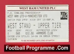 West Ham United v Manchester United 1998 – Match Ticket